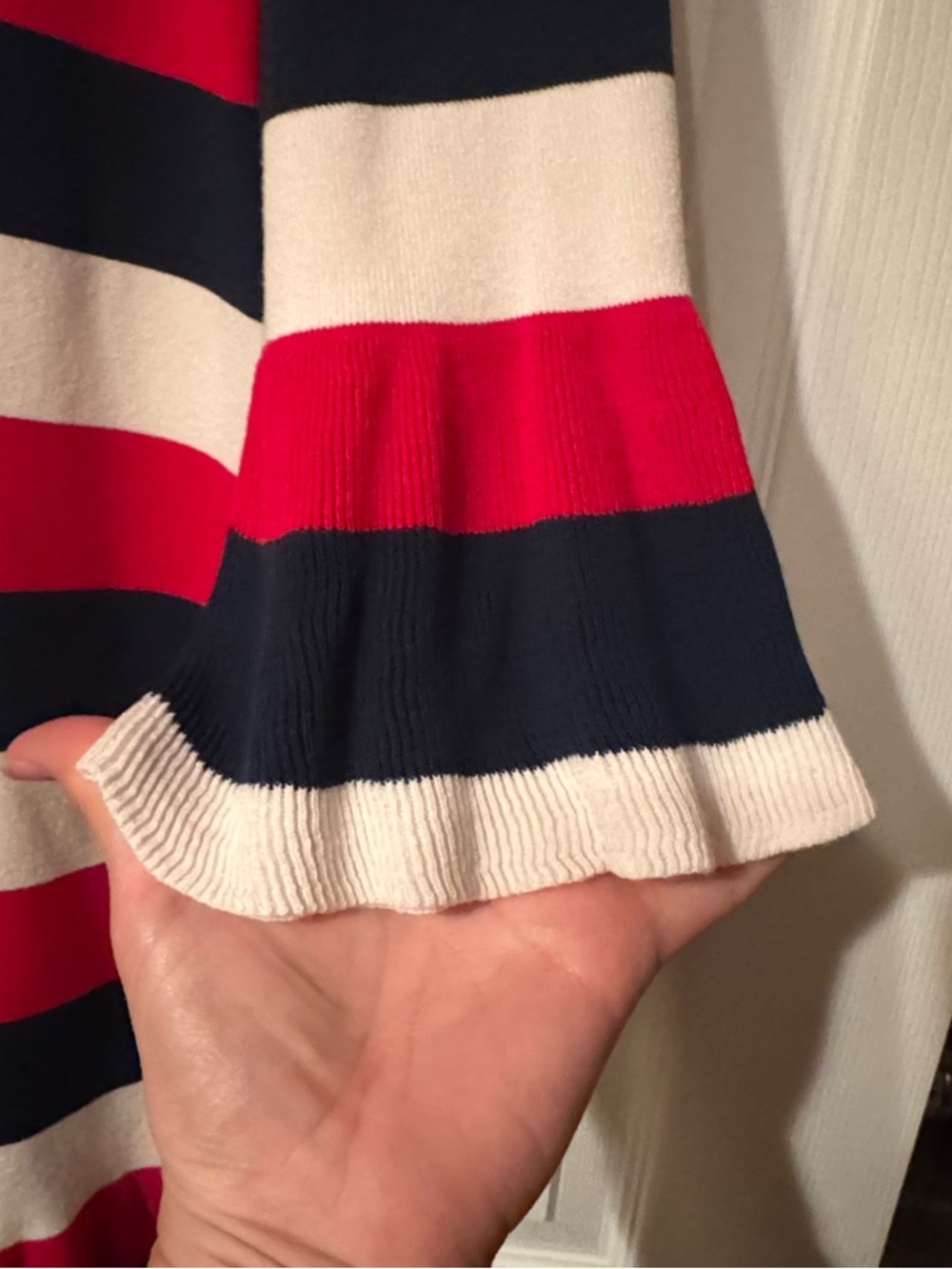 LOFT Sz Large Navy, Red and Off White Striped Sweater Dress w/glitter sleeve hem - Picture 6 of 10
